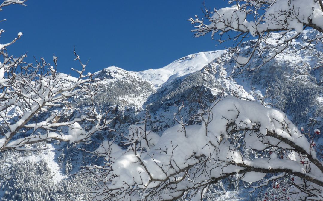 Vue de la montagne enneigée depuis le balcon de l'appartement à louer à Névache, Vallée de la Clarée, Hautes-Alpes